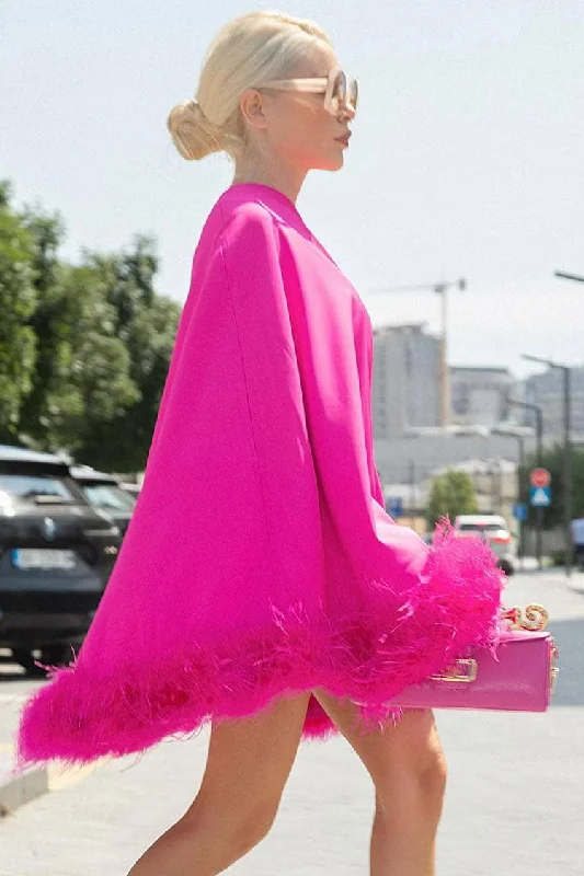 Asymmetrical One Shoulder Feather Trim A Line Party Mini Dress - Hot Pink Chic Pleated Mini Dress Asymmetrical One Shoulder Feather Trim A Line Party Mini Dress - Hot Pink Chic Pleated Mini Dress
