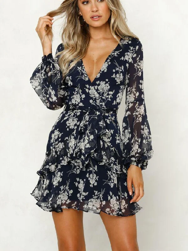 Floral Printed Surplice Neck Ruffled Mini Dress