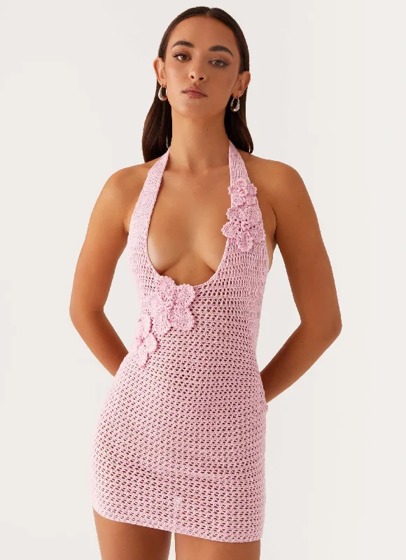 Luciana Crochet Halterneck Mini Dress - Pink