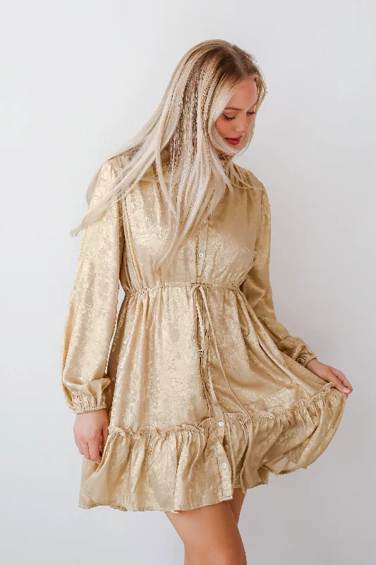 Marvelously Dazzling Taupe Metallic Mini Dress Comfortable Zip-Up Mini Dress