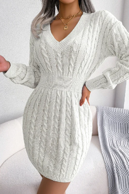 Sexy V Neck Winter Fisherman Cable Knit Sweater Mini Dress - White