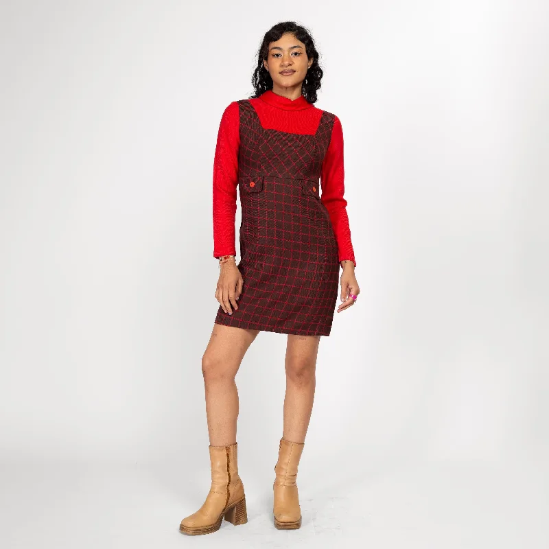 XS-Sm 60s Mod Plaid Trompe L'oeil Pinafore Mini Dress