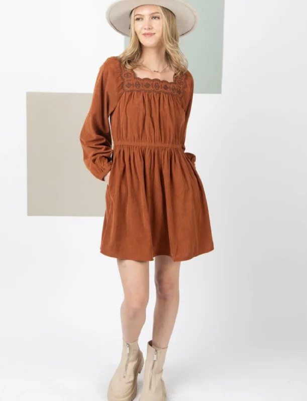 Embroidered Square Neck Corduroy Mini Dress