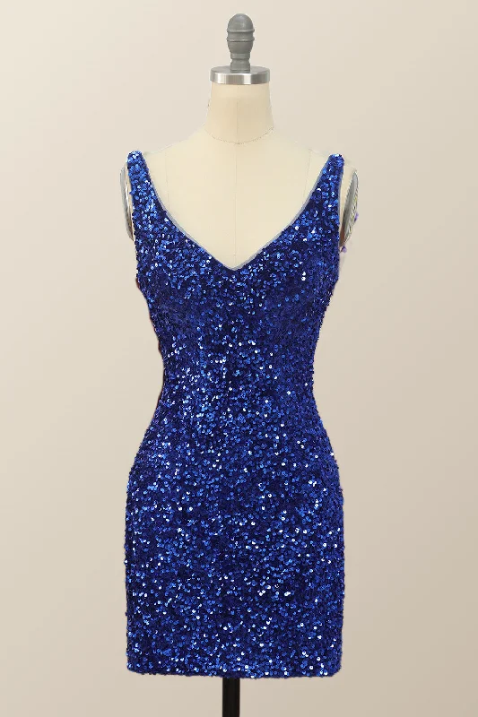 V Neck Royal Blue Sequin Bodycon Mini Dress