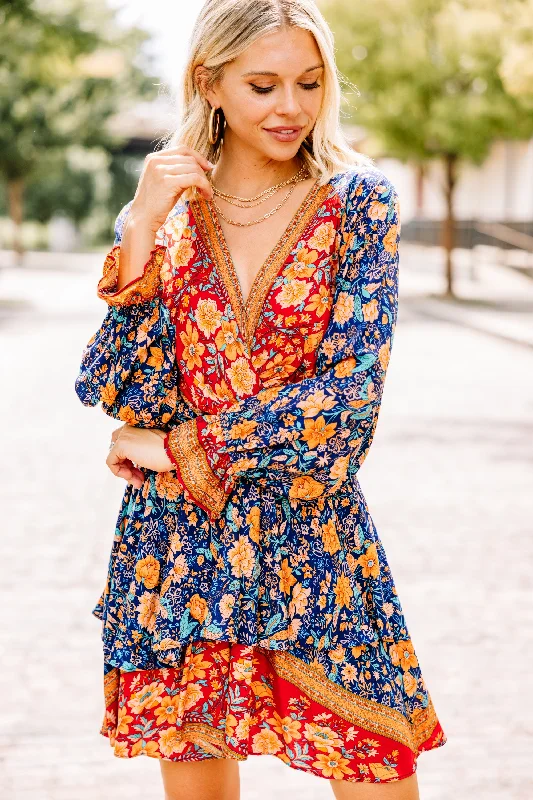 Go On With It Blue and Red Mixed Print Dress