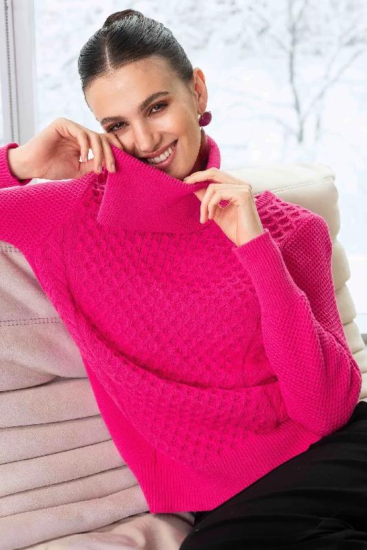 Alison Sheri A44032 Jumper Roll Neck Textured Knit Fuchsia Pink