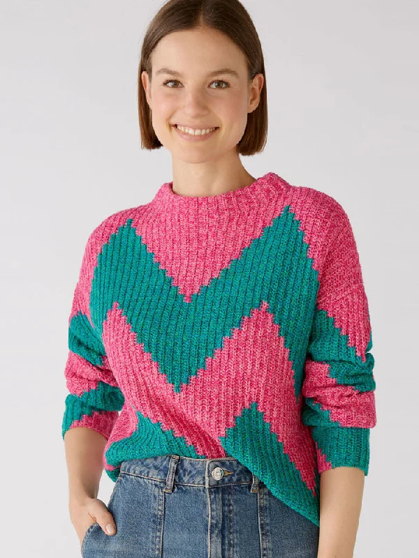 Oui Patterned Jumper Pink & Green