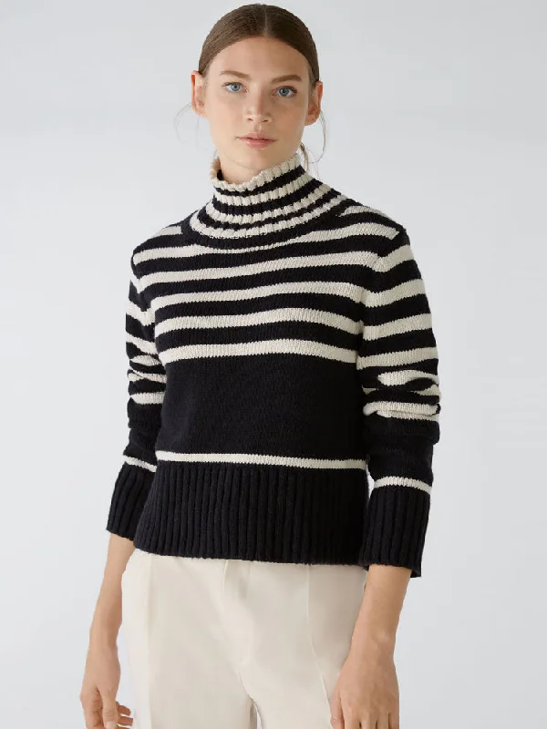 Oui Striped Funnel Neck Jumper Black & Off White