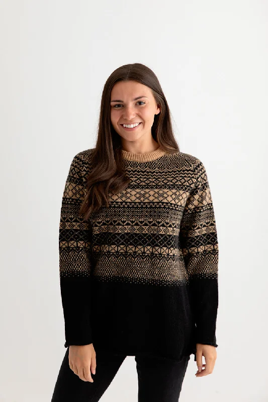 Womens Lace Fair Isle Tunic Jumper - Black Camel