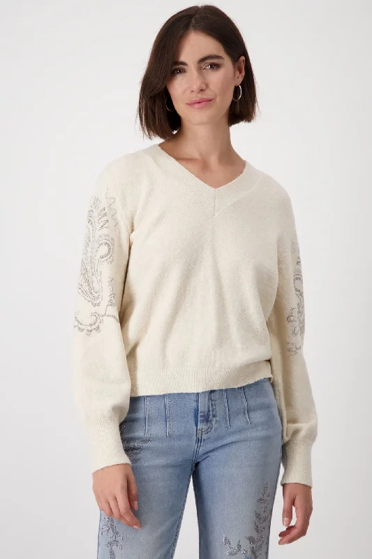 Monari 807831 Sandshell Cream V-Neck Reversible Jumper With Embellished Sleeves Iron Safe Non-Iron Wrinkle Free Monari 807831 Sandshell Cream V-Neck Reversible Jumper With Embellished Sleeves Iron Safe Non-Iron Wrinkle Free