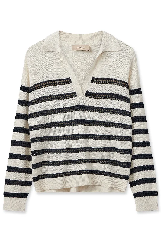 Mos Mosh 158880 MMRora Ecru Cream Striped V-Neck Jumper Terry Terry Cloth Terry Knit Mos Mosh 158880 MMRora Ecru Cream Striped V-Neck Jumper Terry Terry Cloth Terry Knit