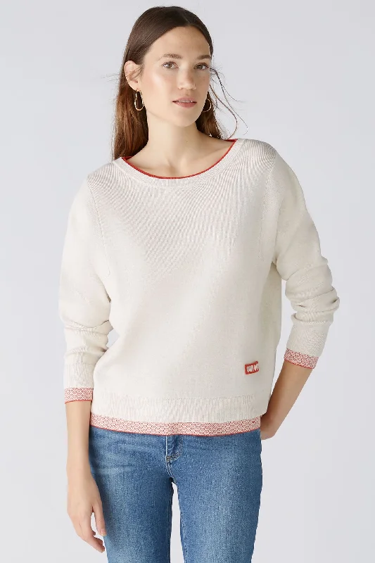 Oui 86667 Oatmeal Red Wide Neck Heart Hem Jumper Zippered Front Buttoned Front Snap Front Oui 86667 Oatmeal Red Wide Neck Heart Hem Jumper Zippered Front Buttoned Front Snap Front