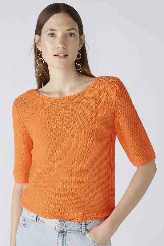 Oui 87489 Vermillion Orange Short Sleeve Round Neck Jumper Herringbone Houndstooth Plaid Oui 87489 Vermillion Orange Short Sleeve Round Neck Jumper Herringbone Houndstooth Plaid