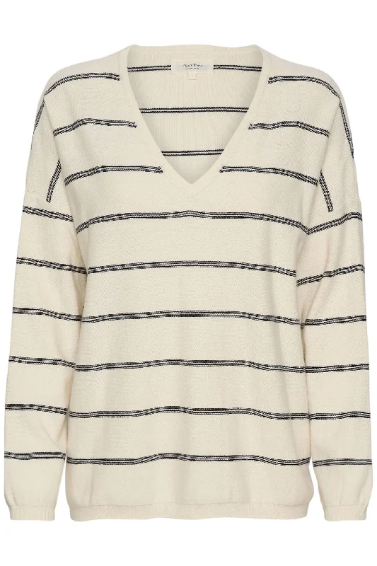 Part Two 30308070 IlianePw PU Cream Dark Navy Stripe Wide V-Neck Jumper Plaid Sweater Polka Dot Checkered Part Two 30308070 IlianePw PU Cream Dark Navy Stripe Wide V-Neck Jumper Plaid Sweater Polka Dot Checkered