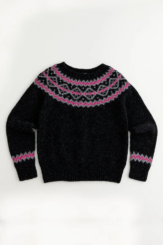 Womens Chunky Finnieston Yoke Fair Isle Jumper - Charcoal Handmade Hand-knitted Hand-woven Womens Chunky Finnieston Yoke Fair Isle Jumper - Charcoal Handmade Hand-knitted Hand-woven