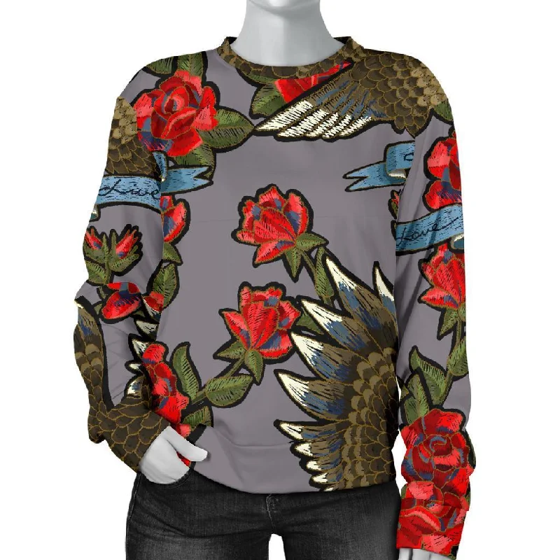 Eagle Rose Pattern Print Women's Sweatshirt Hoodie with Hem Embroidery Detailed Premium Eagle Rose Pattern Print Women's Sweatshirt Hoodie with Hem Embroidery Detailed Premium