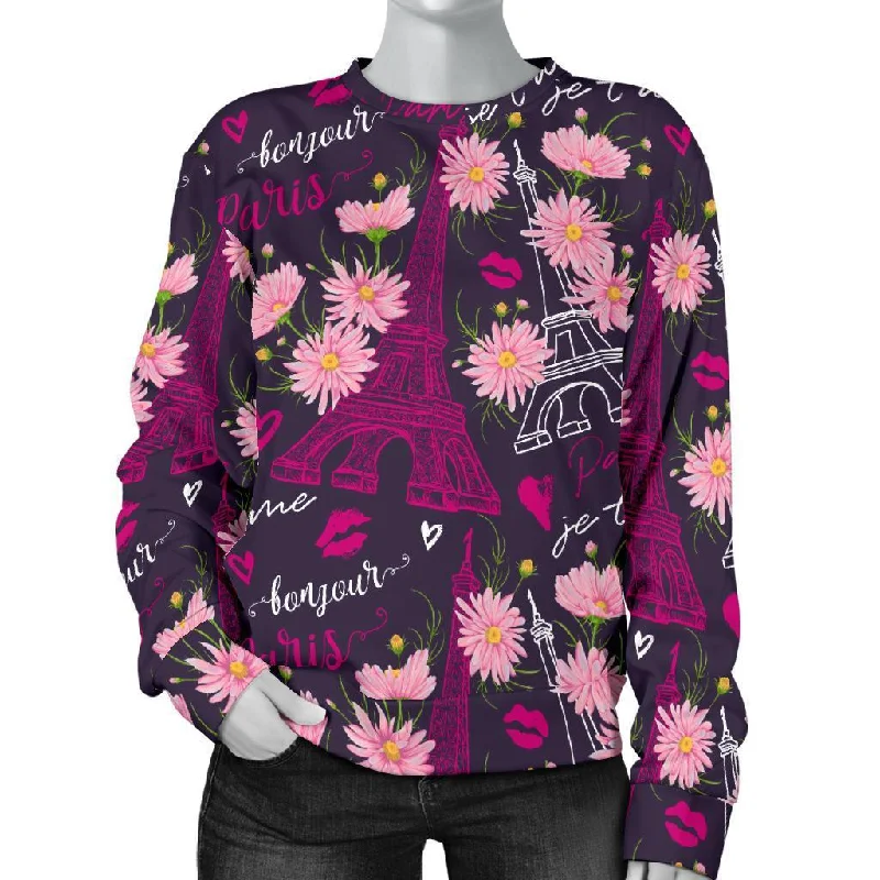 Eiffel Tower Floral Pattern Print Women's Sweatshirt Hoodie with Double Zipper Versatile Adjustable Eiffel Tower Floral Pattern Print Women's Sweatshirt Hoodie with Double Zipper Versatile Adjustable
