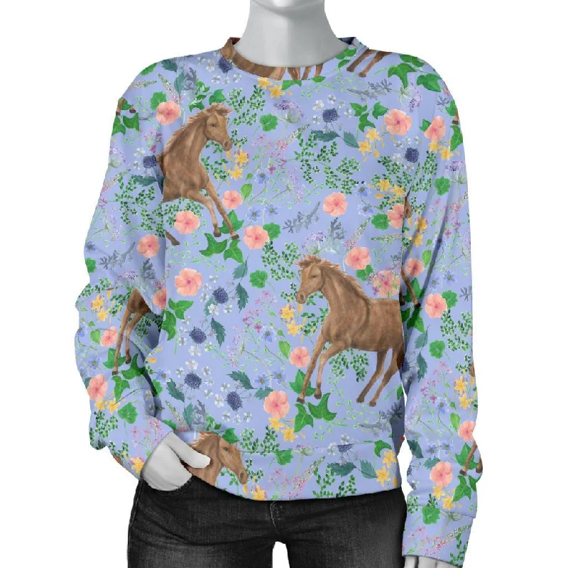 Equestrian Floral Pattern Print Women's Sweatshirt Hoodie with Contrast Stitching Detailed Premium Equestrian Floral Pattern Print Women's Sweatshirt Hoodie with Contrast Stitching Detailed Premium