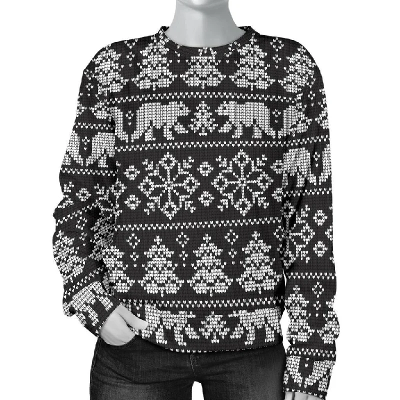 Fairisle Polar Bear Christmas Pattern Print Women's Sweatshirt Hoodie with Hem Drawcord Adjustable Customizable Fairisle Polar Bear Christmas Pattern Print Women's Sweatshirt Hoodie with Hem Drawcord Adjustable Customizable