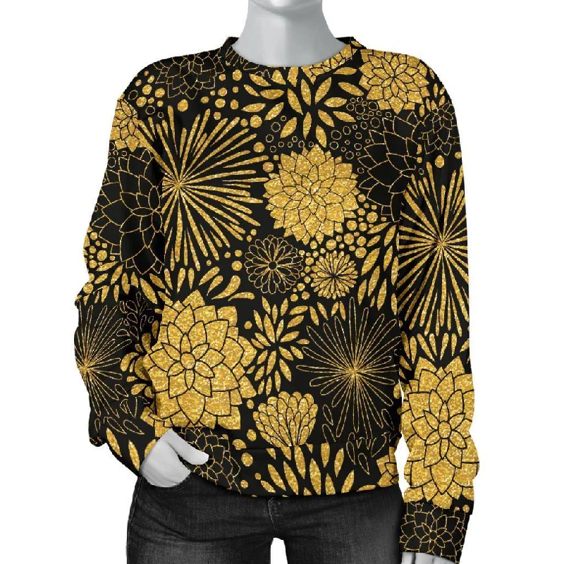 Gold Glitter Floral Pattern Print Women's Sweatshirt Hoodie with Pocket Utility Practical Gold Glitter Floral Pattern Print Women's Sweatshirt Hoodie with Pocket Utility Practical