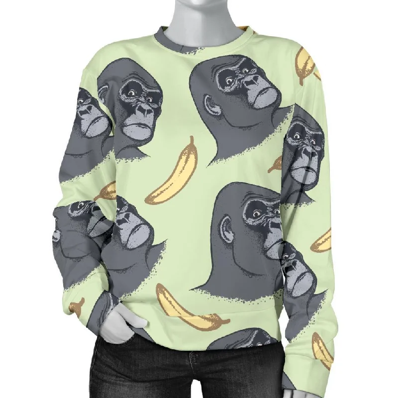 Gorilla Banana Pattern Print Women's Sweatshirt Hoodie with Hem Lace Feminine Delicate Gorilla Banana Pattern Print Women's Sweatshirt Hoodie with Hem Lace Feminine Delicate
