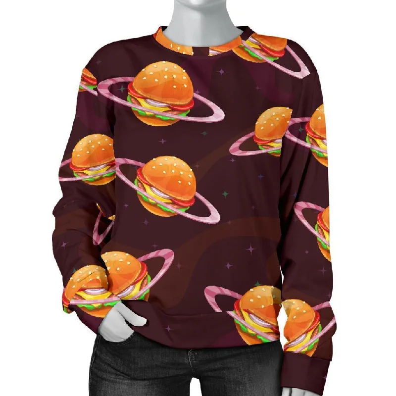 Hamburger Planet Pattern Print Women's Sweatshirt Hoodie with Raw Hem Edgy Unfinished Hamburger Planet Pattern Print Women's Sweatshirt Hoodie with Raw Hem Edgy Unfinished