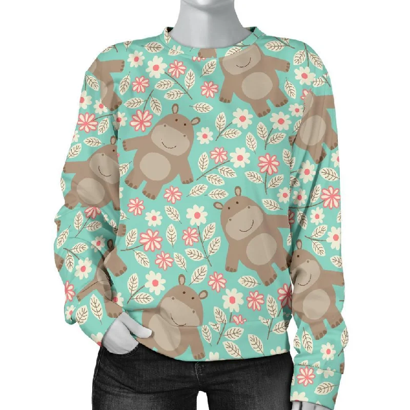 Hippo Floral Pattern Print Women's Sweatshirt