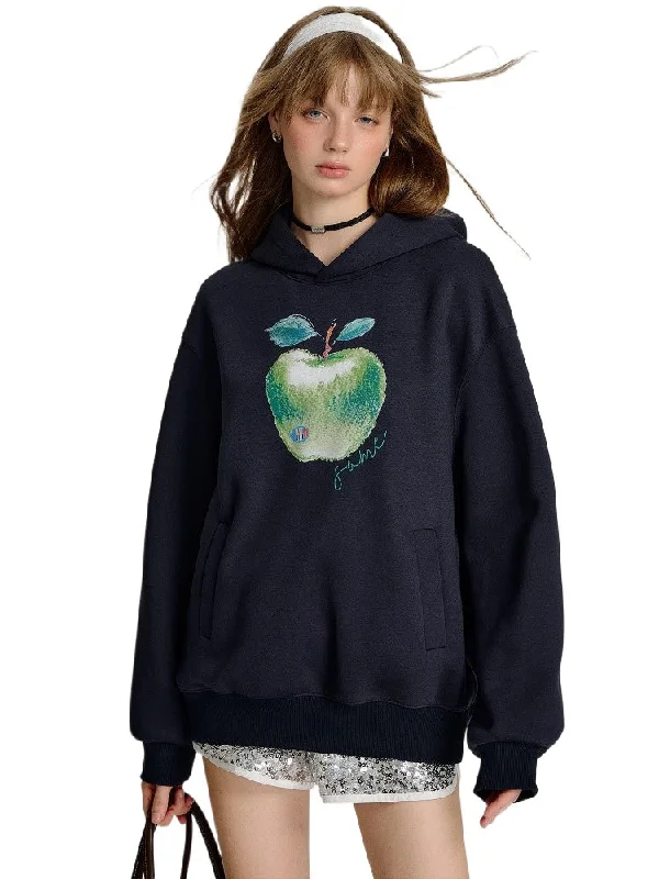 Light Gray & Navy Blue Green Apple Print  Hoodie