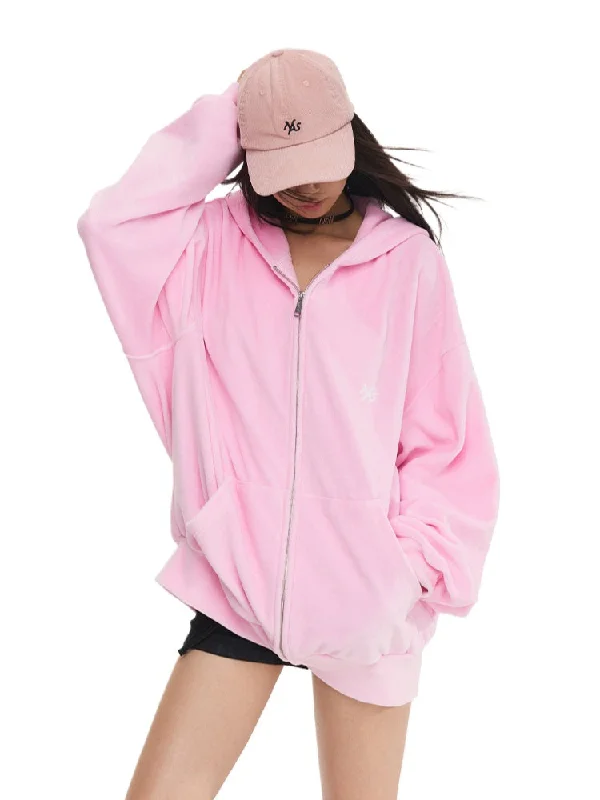 Pink Velvet Drawstring Oversized Hoodie