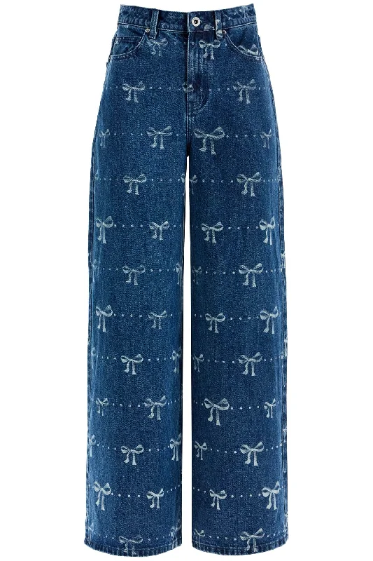 Wide Leg Jeans With Bow Print Design  - Blu