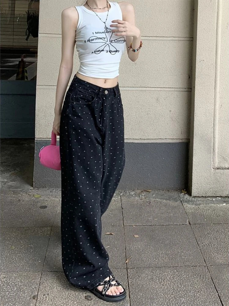 Black Polka Dot Straight Jeans Women High-waisted Loose Wide Leg Pants