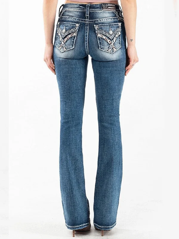 Miss Me M3444B70 Womens Paisley Bootcut Jeans Dark Blue