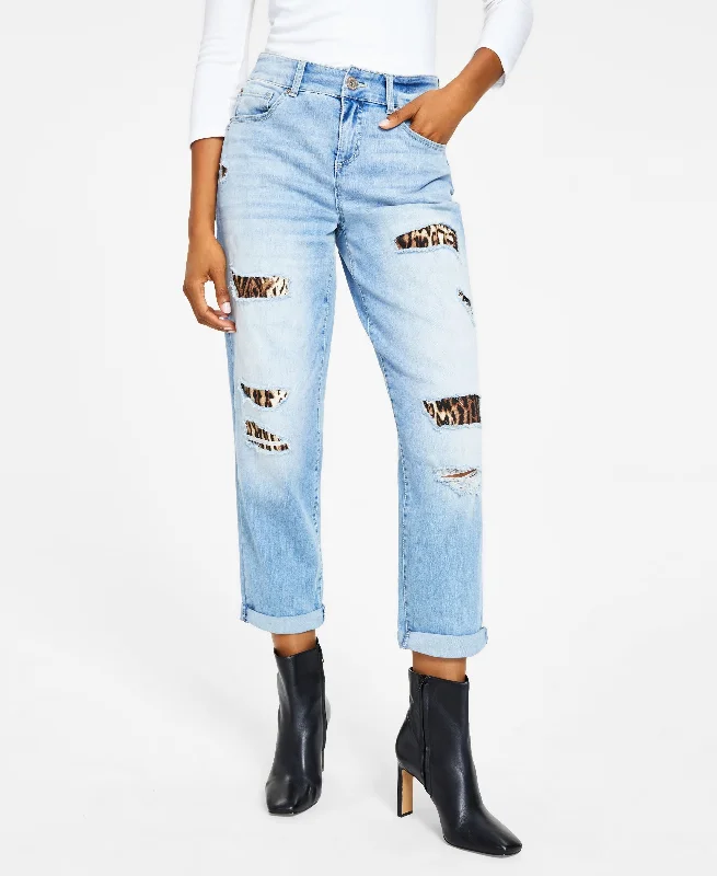 Women's High Rise Ripped Leopard Boyfriend Jeans