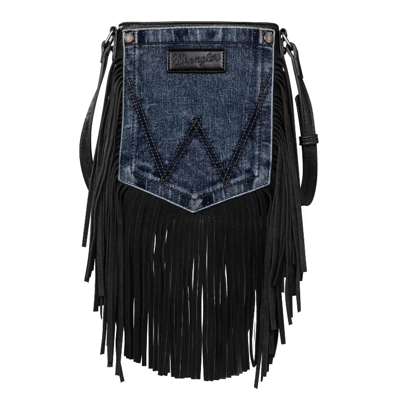 Wrangler Leather Fringe Jean Denim Pocket Crossbody - Black