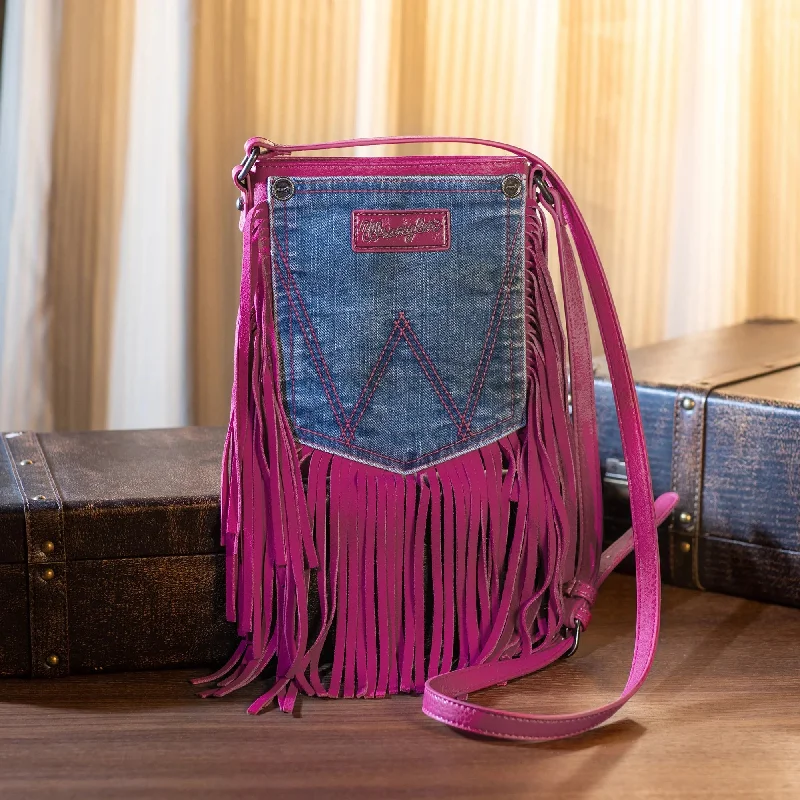 Wrangler Leather Fringe Jean Denim Pocket Crossbody - Hot Pink