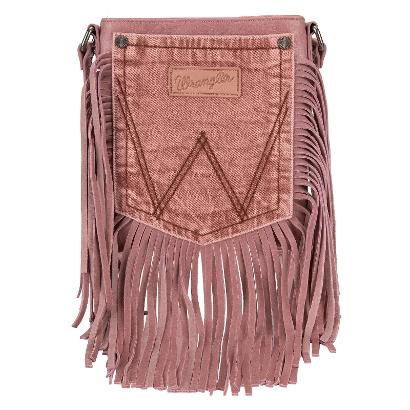 Wrangler Leather Fringe Jean Denim Pocket Crossbody - Pink