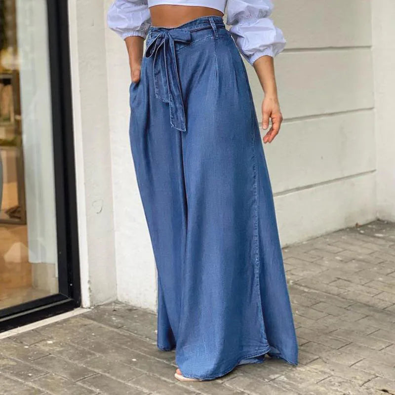 Women Long Pants High Waist Fashion Belted Casual Loose Solid Streetwear Women