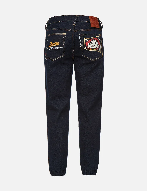 Godhead and Daruma Calligraphy Pocket Denim Jogger Pants