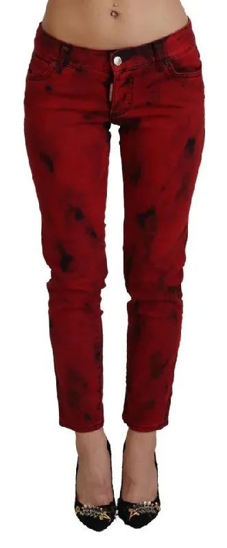 Red Low Waist Cotton Stretch Skinny Pants