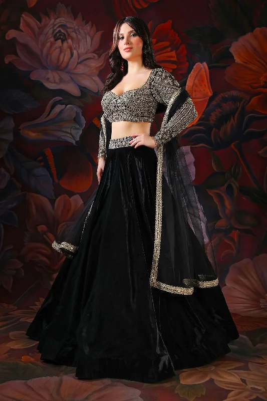 black full sleeves embroidered  top with black velvet skirt