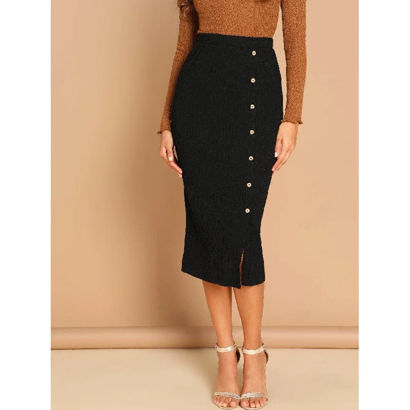 Button Front Ribbed Split Skirt