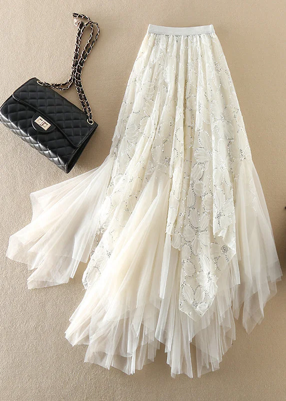 Casual White Sequins asymmetrical design Tulle Skirts Spring