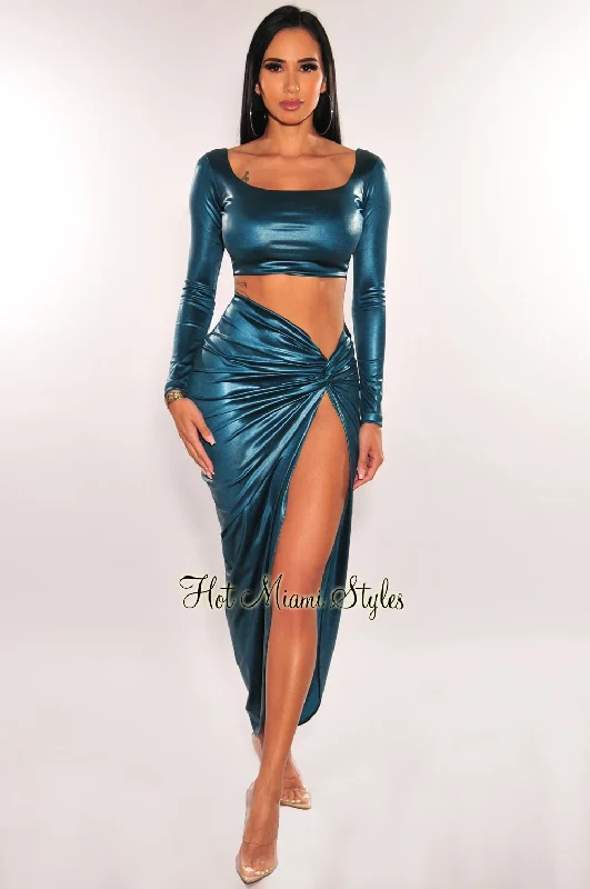 Emerald Satin Faux Leather Long Sleeve Knotted Slit Skirt Two Piece Set