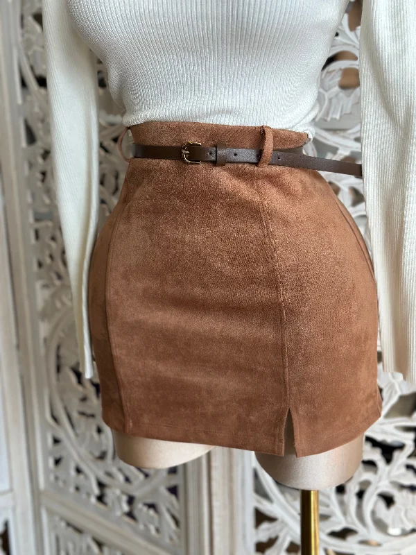 Light Brown Suede Mini Skirt with Belt - Estira, Stretchy