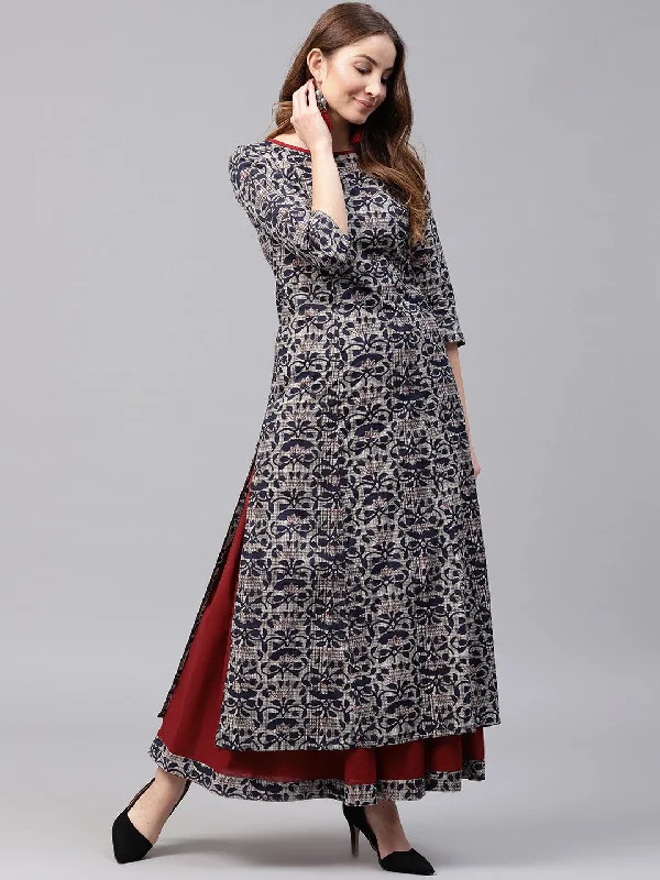 NOZ2TOZ Blue Printed 3/4Th Sleeve Cotton Kurta With Red Flared Skirt