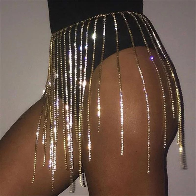 Shiny Rhinestone Long Tassels Mini Skirts Women Sexy Hollow Out Skirt 2019 Summer Beach See Through Skirt Rave Festival Clothing