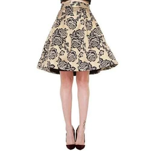 Stylish Retro Floral Print High Waisted A-Line Women's Skirt - Champagne Xs