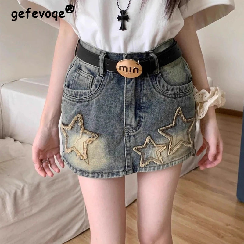 Women American Retro  High Waist Slim Harajuku Denim Skirt